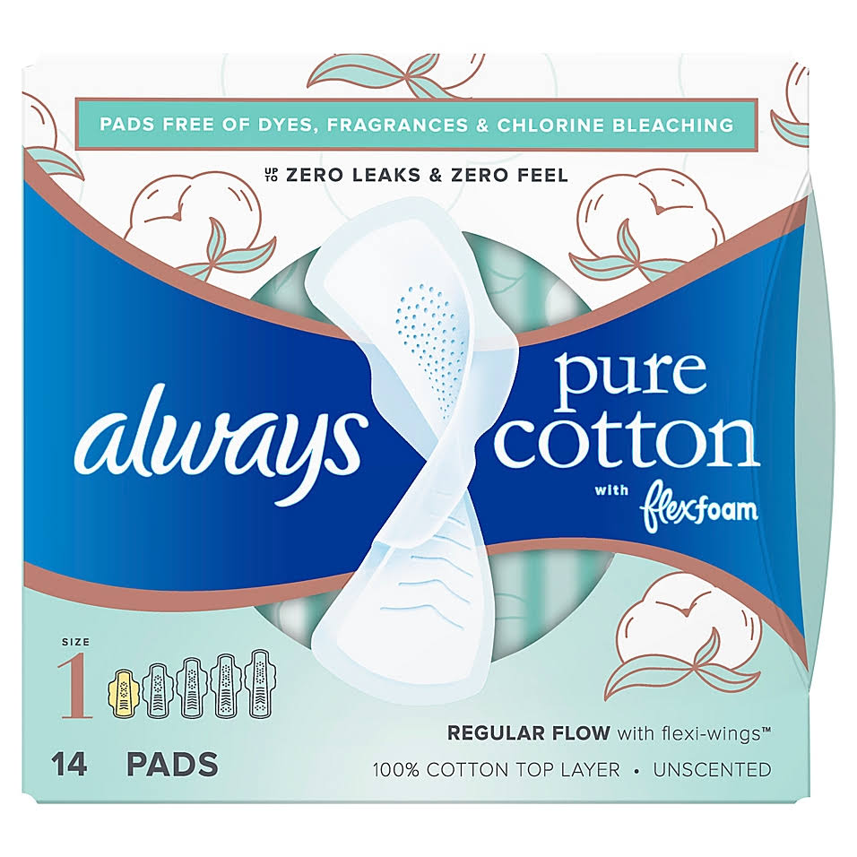 Always Pure Cotton with FlexFoam Pads Regular Absorb, Size 1, 14 CT