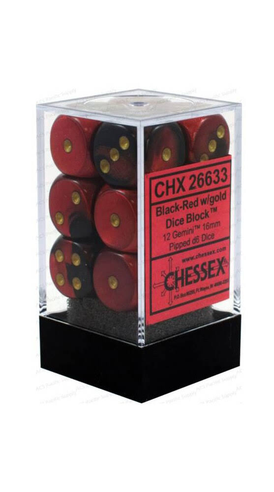Chessex Dice - Gemini: 16mm D6 Black Red Gold/Black (12)