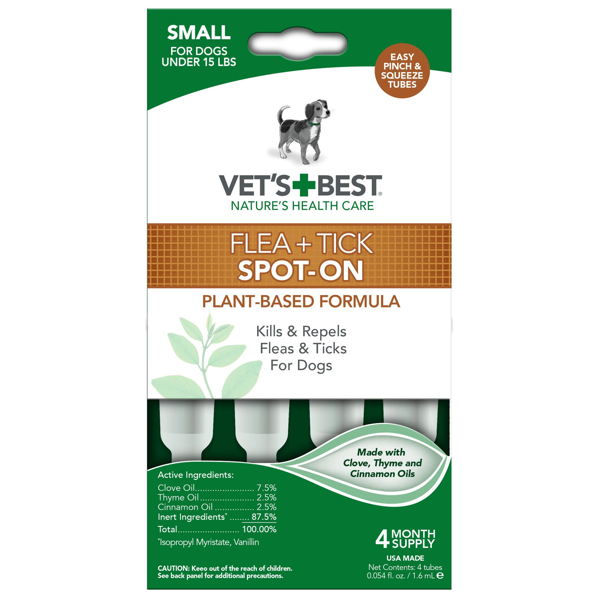 Vet's Best Topical Flea & Tick Treatment for Dogs Up to 15lbs, 4 Month Supply