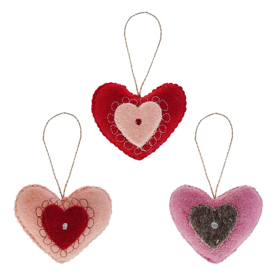 3"H Wool Felt Heart Ornament w/ Embroidery, 3 Colors