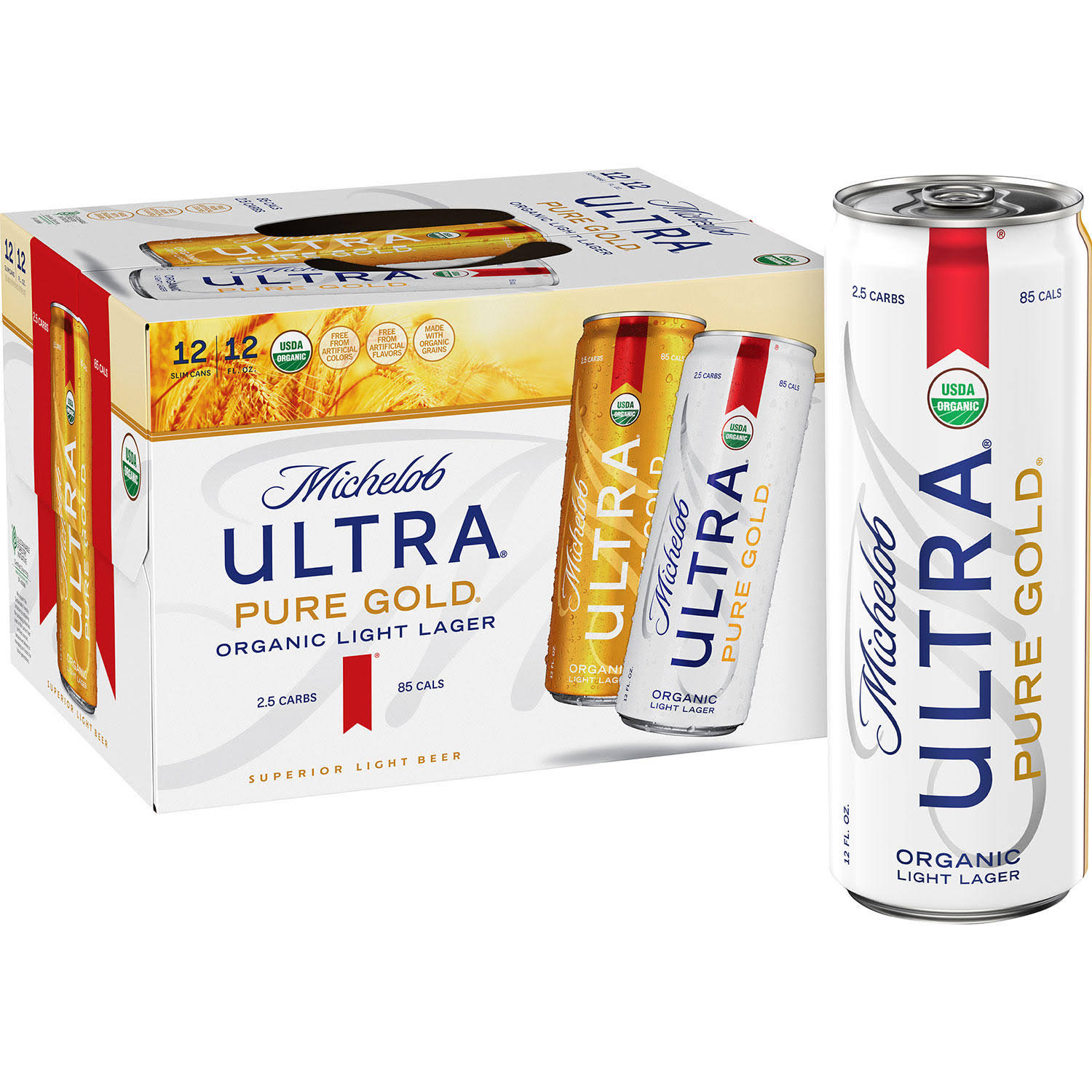 Michelob Ultra Pure Gold Beer, Organic, Light Lager - 12 pack, 12 fl oz slim cans