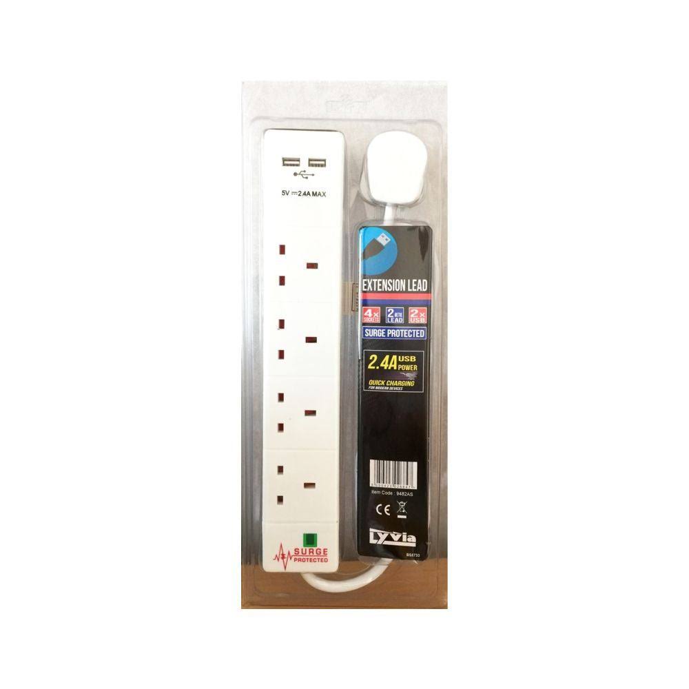 Lyvia 9482as Surge Protected Extension Lead - with 2 USB Sockets, 4 Gang, 2m