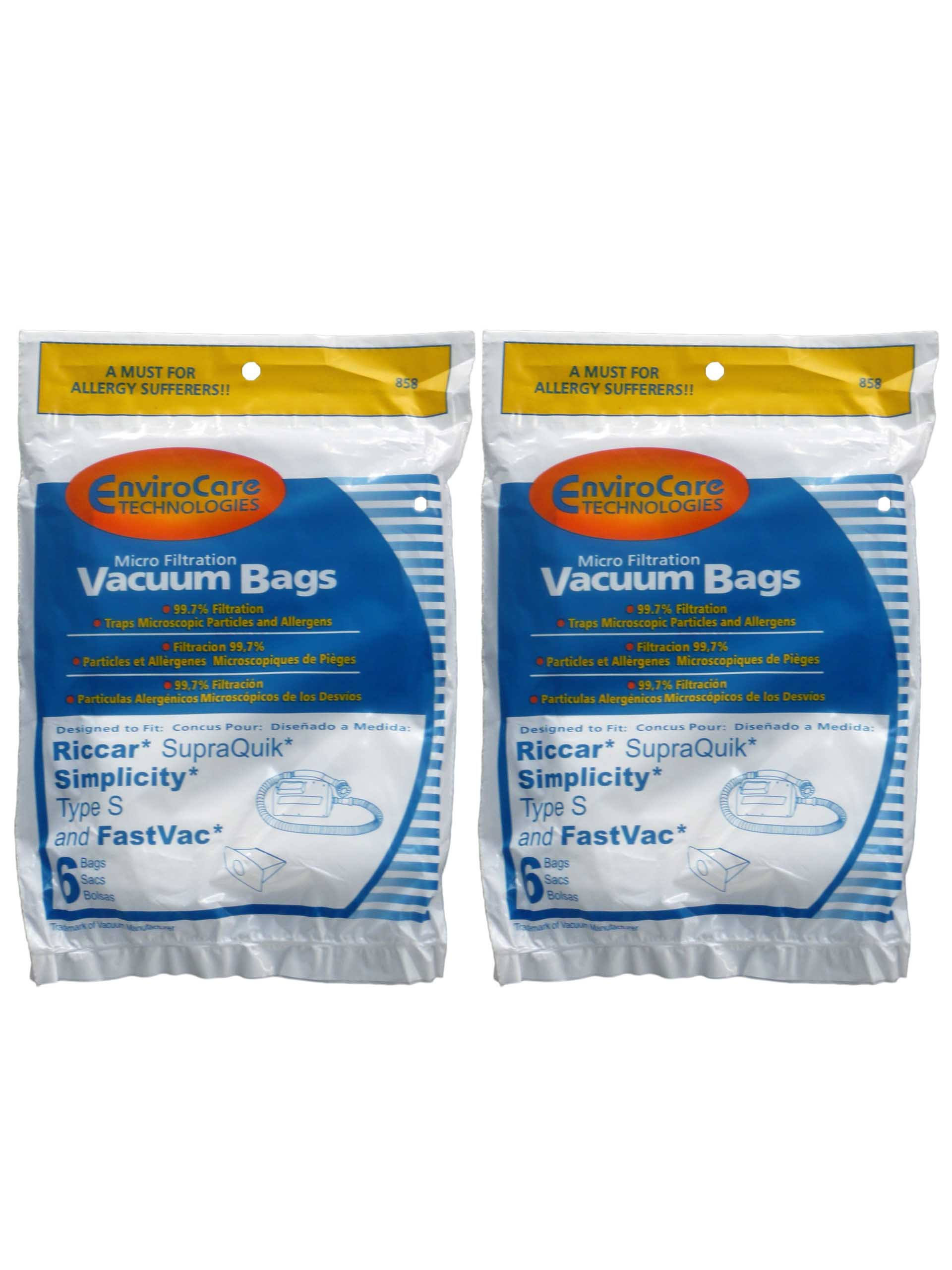 Envirocare 6 Allergen Bags for Riccar, Simplicity Type S, Eureka W, Fast VAC, GE, Compact Canister Hand Held Vacuum Cleaner #858, replaces