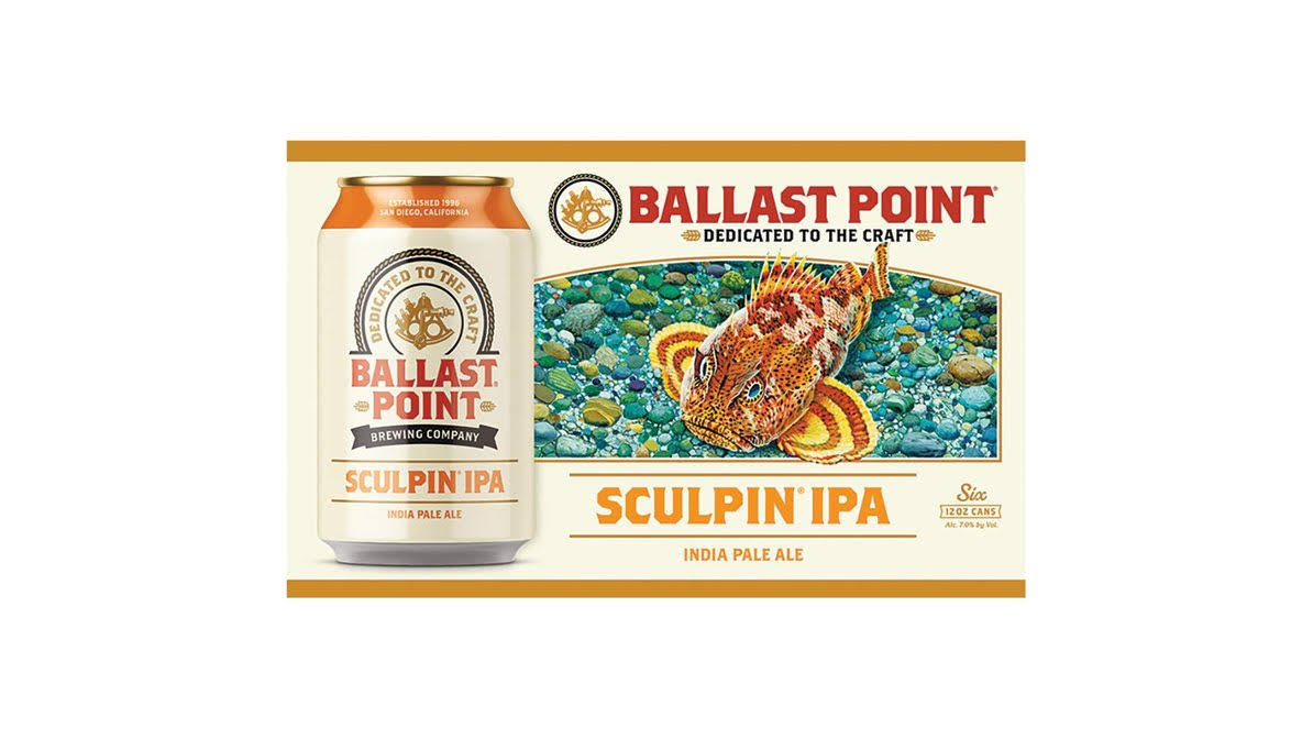 Ballast Point Sculpin Beer, India Pale Ale - six - 12 oz cans