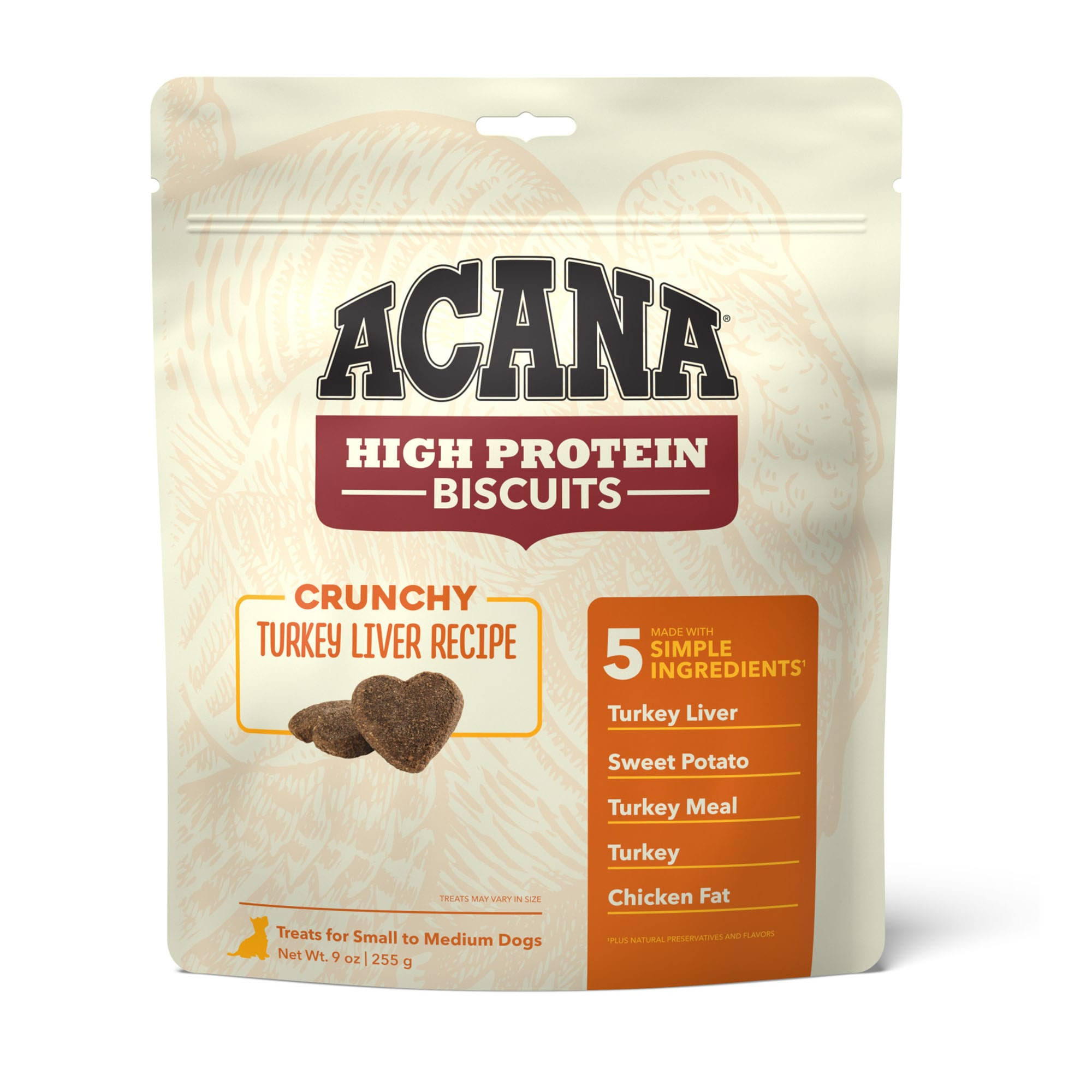 Acana Crunchy Biscuits Dog Treats, Turkey Liver Recipe, High Protein, Small Breed, 9 Ounce