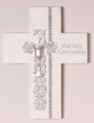 Wall Cross-First Communion W Silver Scroll 7 5
