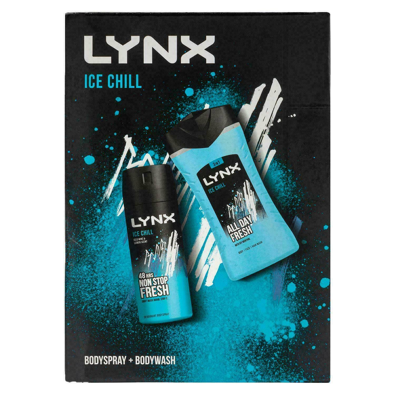 2x Lynx Ice Chill Duo Gift Set For Him, Body Spray 150ml & Body Wash 225ml Blue