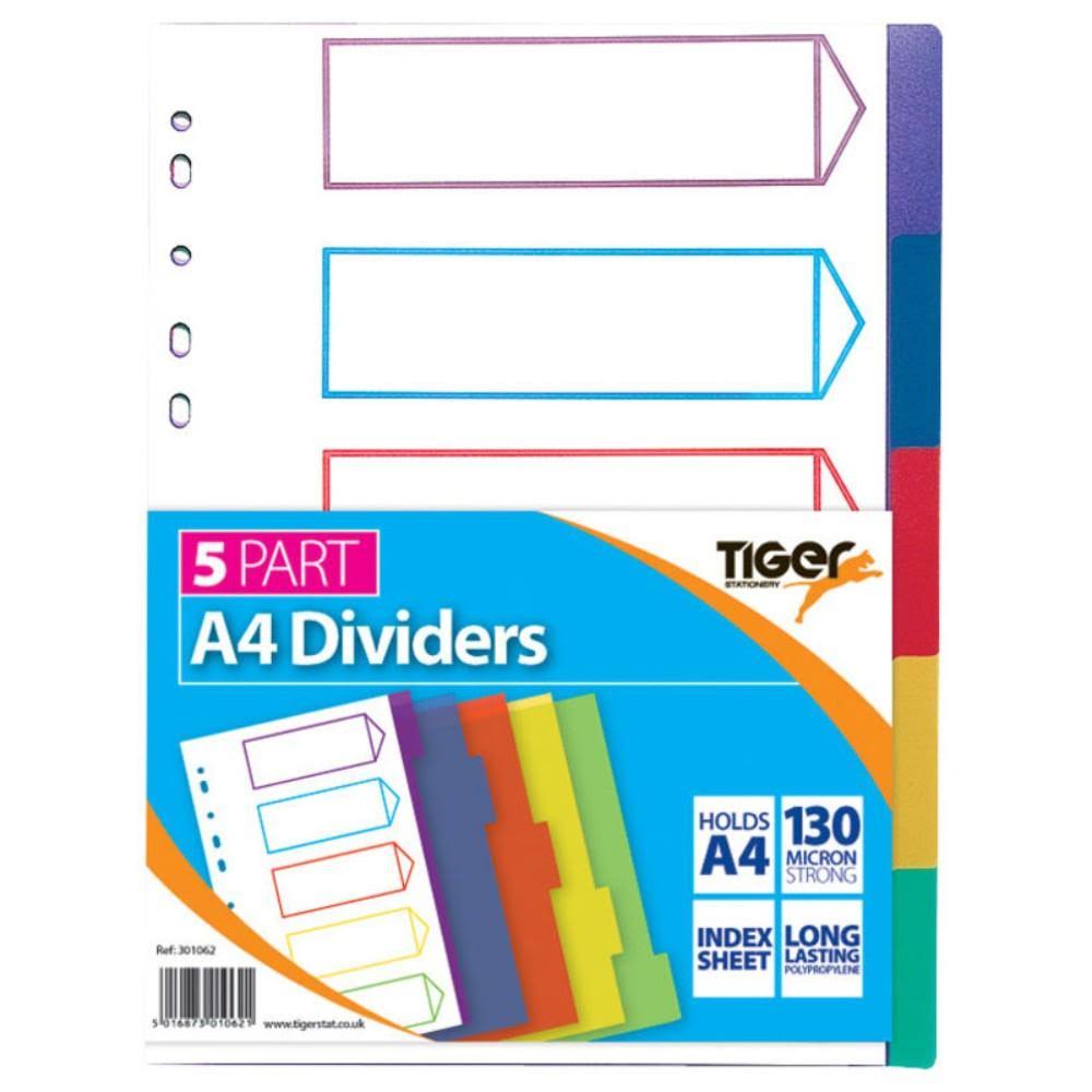 Tiger A4 5 Part Plastic Dividers with Coloured Cover Sheet - Index File