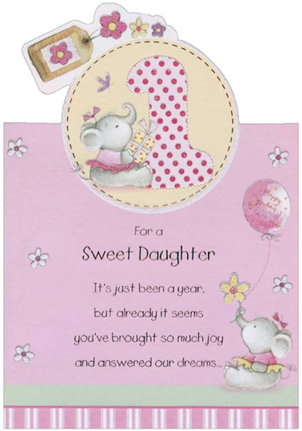 Designer Greetings Baby Elephant with Pink Bow in Hair Juvenile 1st / First Birthday Card for Daughter, Size: 5.25 x 7.5