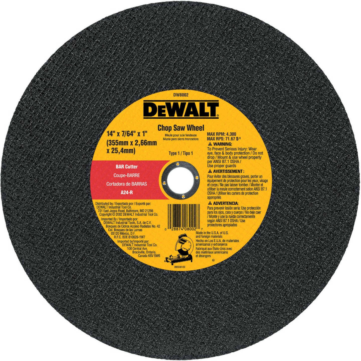 Dewalt DW8002 Bar Cutter Chop Saw Wheel - 14" x 7/64"