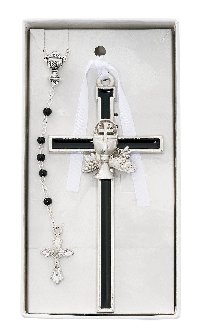 Black Enameled Chalice Cross with Rosary Communion Set