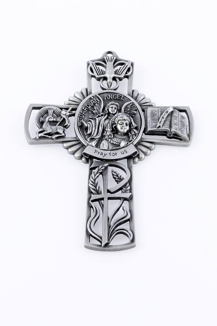 Pewter Catholic Guardian Angel with First Communion Girl Pray for US Wall Cross, 13cm | Decor | Free Shipping on All Orders | Best Price Guarantee