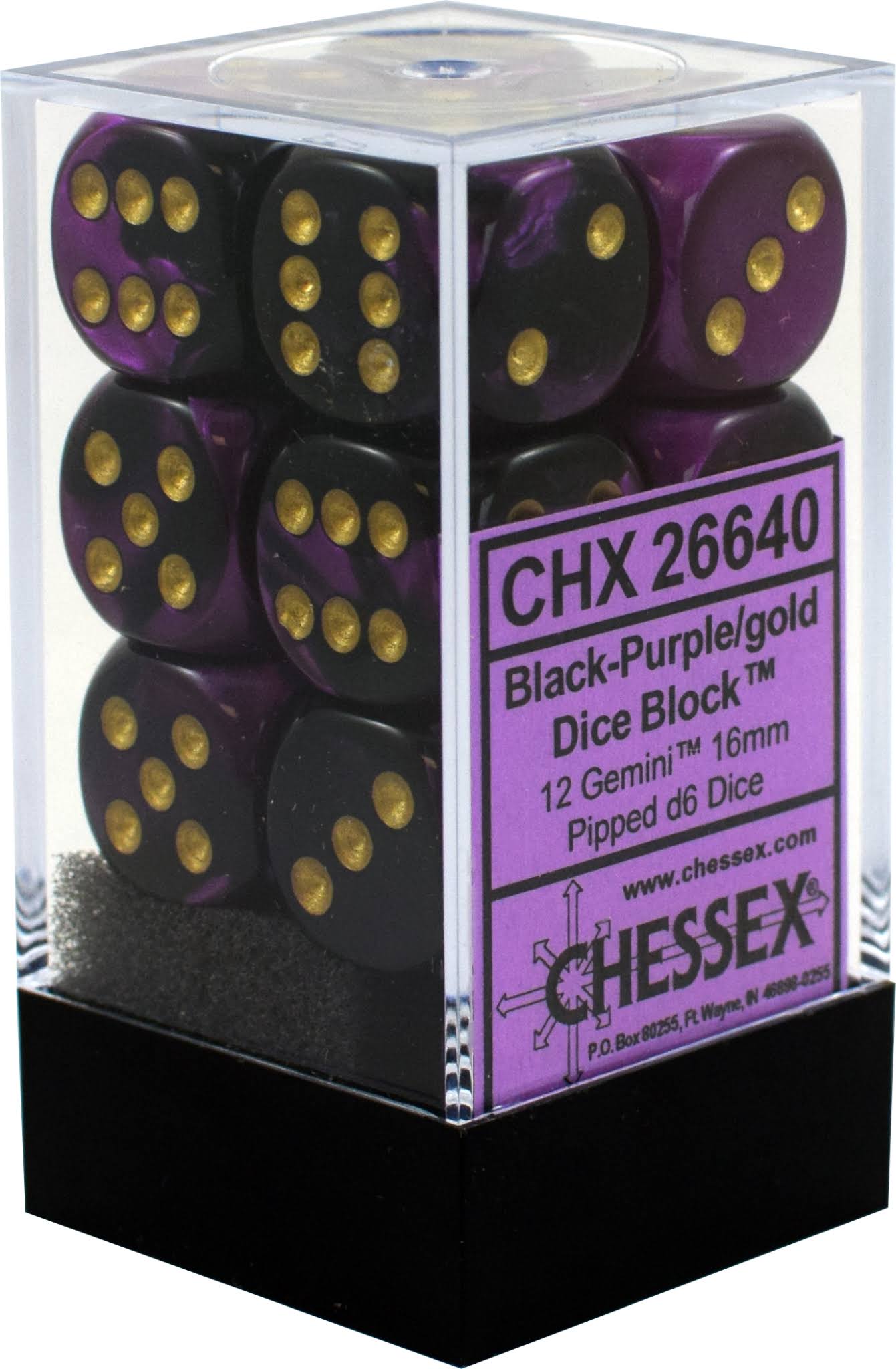 Chessex Dice - Gemini: 16mm D6 Black Purple/Gold (12)
