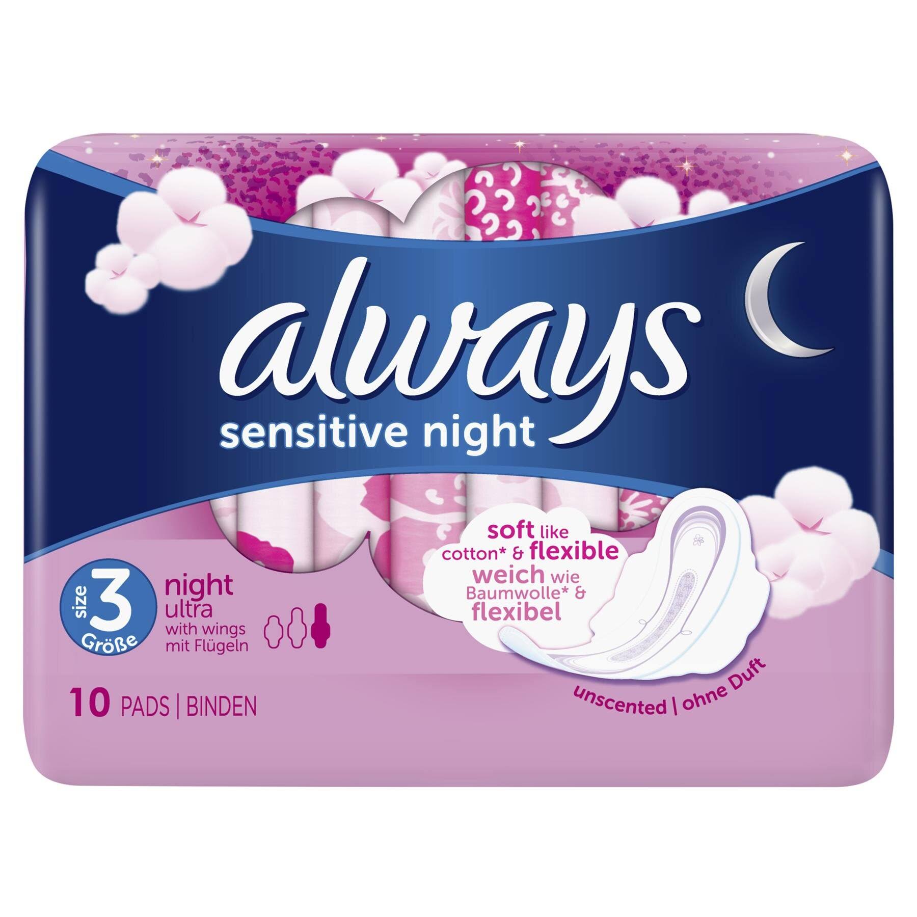 Always Sensitive Sanitary Towels - 10 Pads, Ultra Night