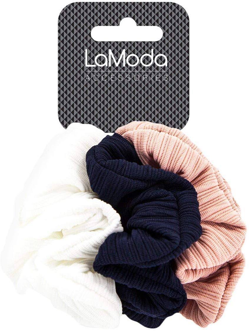 LaModa Hair Scrunchies/Ponytail Holders, Ribbed Texture in Pastel Pink, Dark Blue, White. Pack of 3