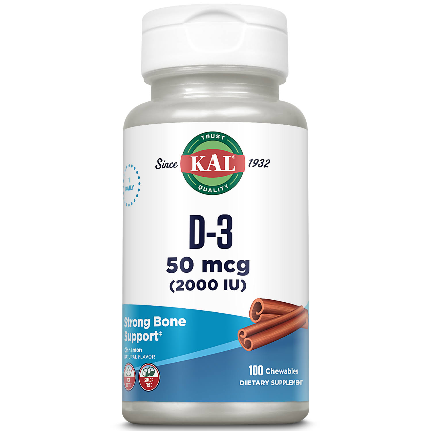 Kal D-3 2000 IU Sugarless Vitamin Supplement - Cinnamon, 100 Chewables
