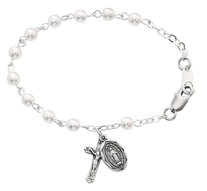 McVan Br177 5.5 in. Imitation Pearl Baby Bracelet with Sterling Silver Crucifix