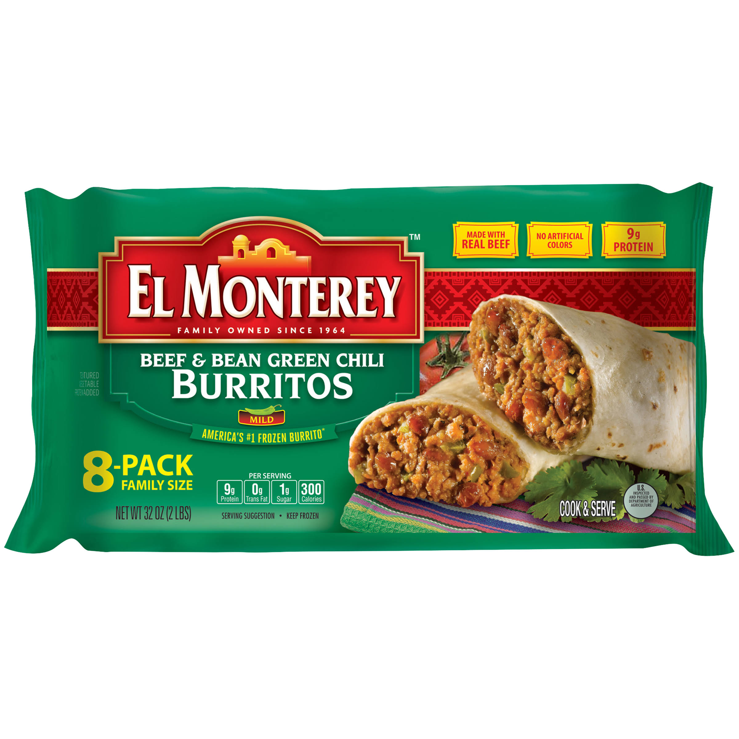 El Monterey Beef and Bean Green Chili Burritos - 8ct