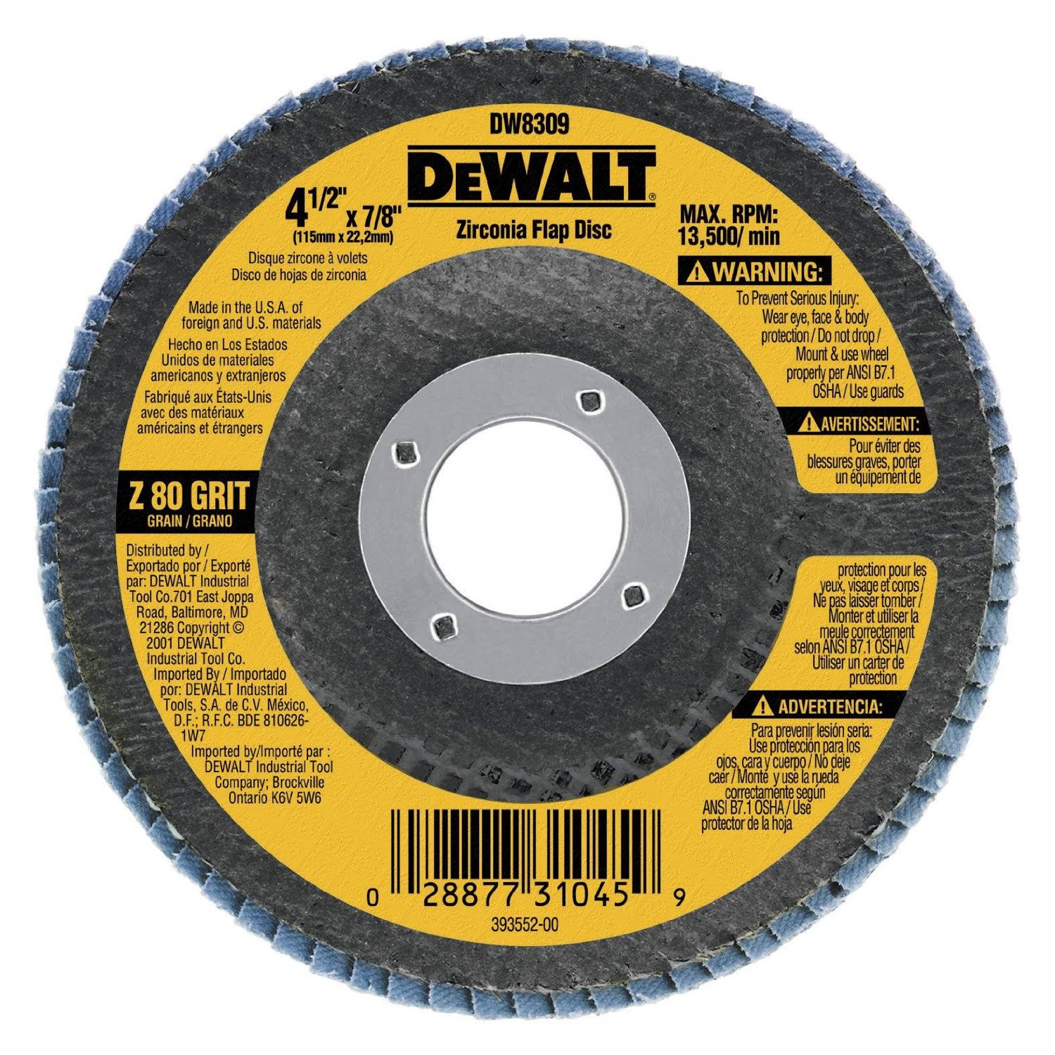 DeWalt Angle Grinder 80 Grit Zirconia Flap Disc - 4 1/2" x 7/8"