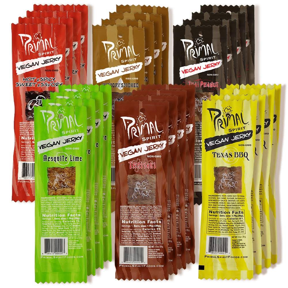 Primal Spirit Food, Primal Strips Meatless Vegan Jerky-Variety Gift Pack Sampler; 24 Assorted 1 Ounce Strips