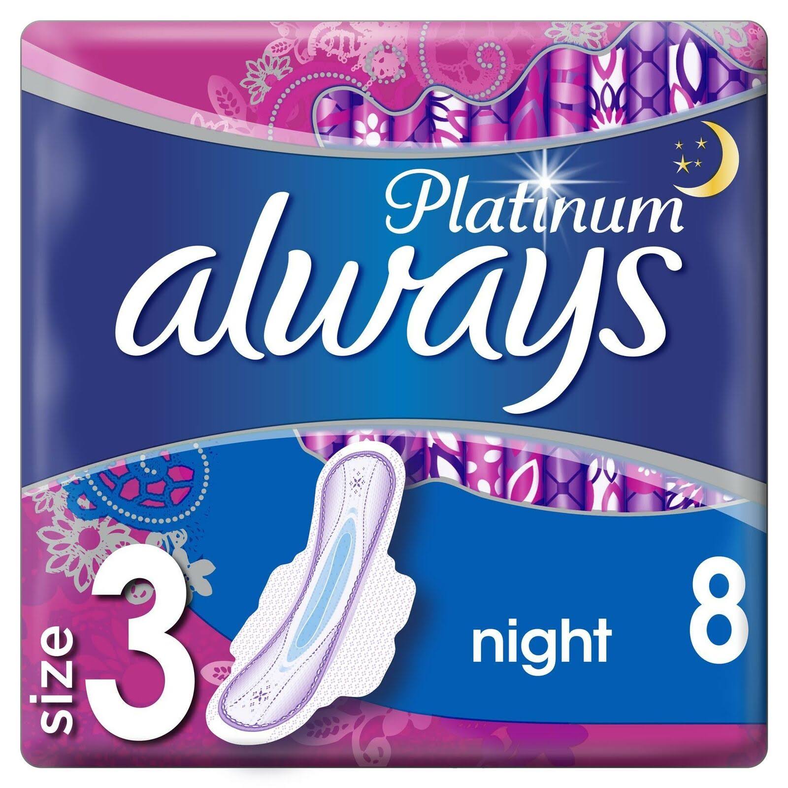 Always Platinum Night Sanitary Towels Wings - 8ct, Size 3