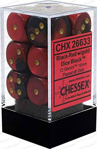 Chessex D6 Set of 12: Gemini black-red w/Gold
