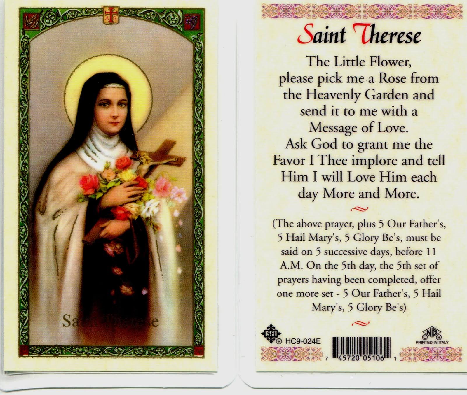 Saint Therese Laminated Prayer Card-Single from San Francis Imports | Discount Catholic Products