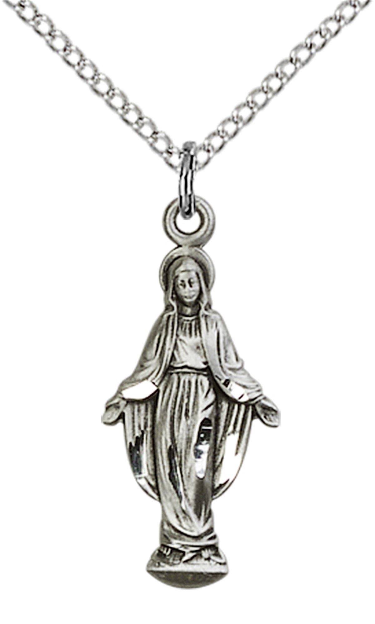 Sterling Silver Miraculous Pendant 7/8 x 3/8 Inch With 18 Inch Chain