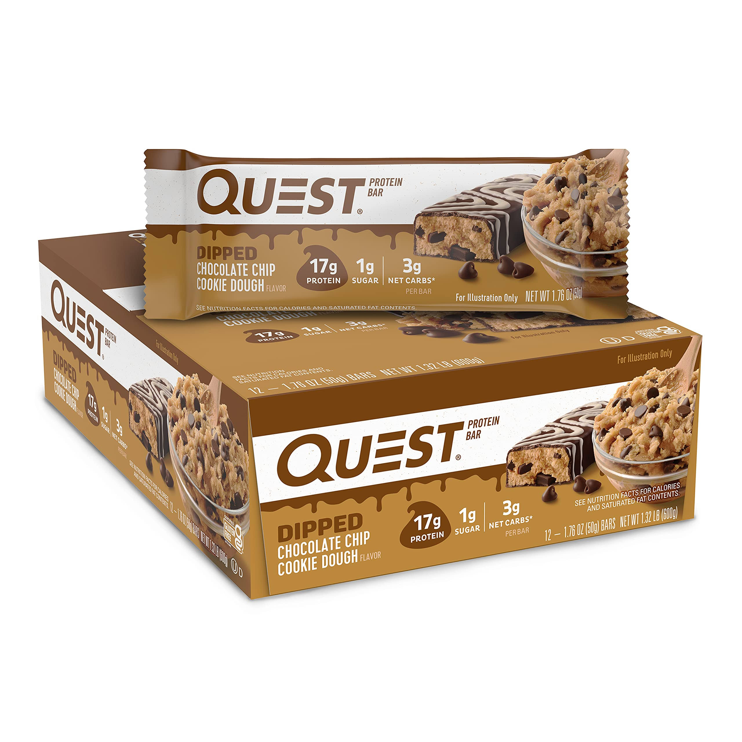 Quest Protein Bar, Chocolate Chip Cookie Dough Flavor, Dipped - 12 pack, 1.76 oz bars