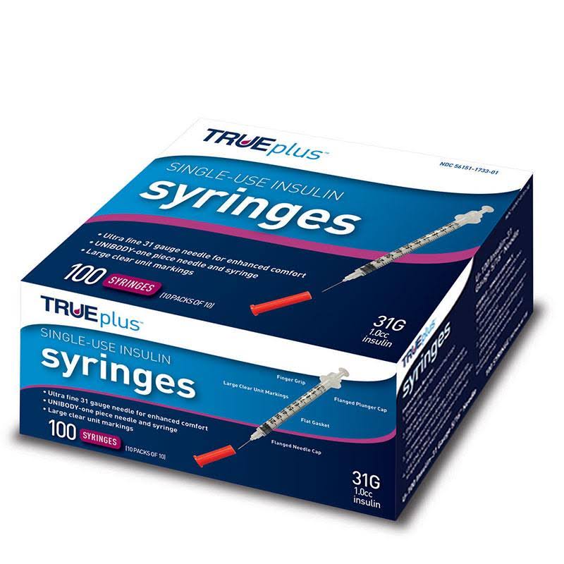 TRUEplus - Insulin Syringes 31g 1.0cc 5/16 inch (Pack of 100)