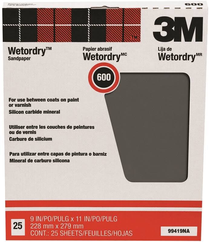 3M 99419 Wet or Dry Sandpaper - 9" x 11", 600 Grit, 25 Sheets