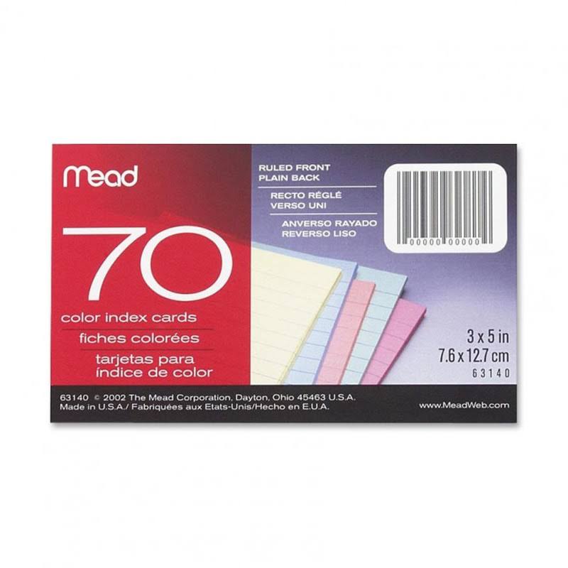 Mead Ruled Colored Index Cards - 3"x5", 70 Color Index Cards