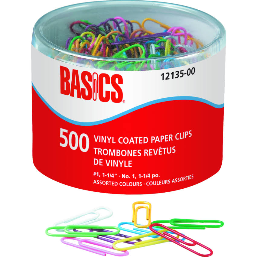 Basics Vinyl Coated Paper Clips #1, 1-1/4" Assorted Colours Tub of 500