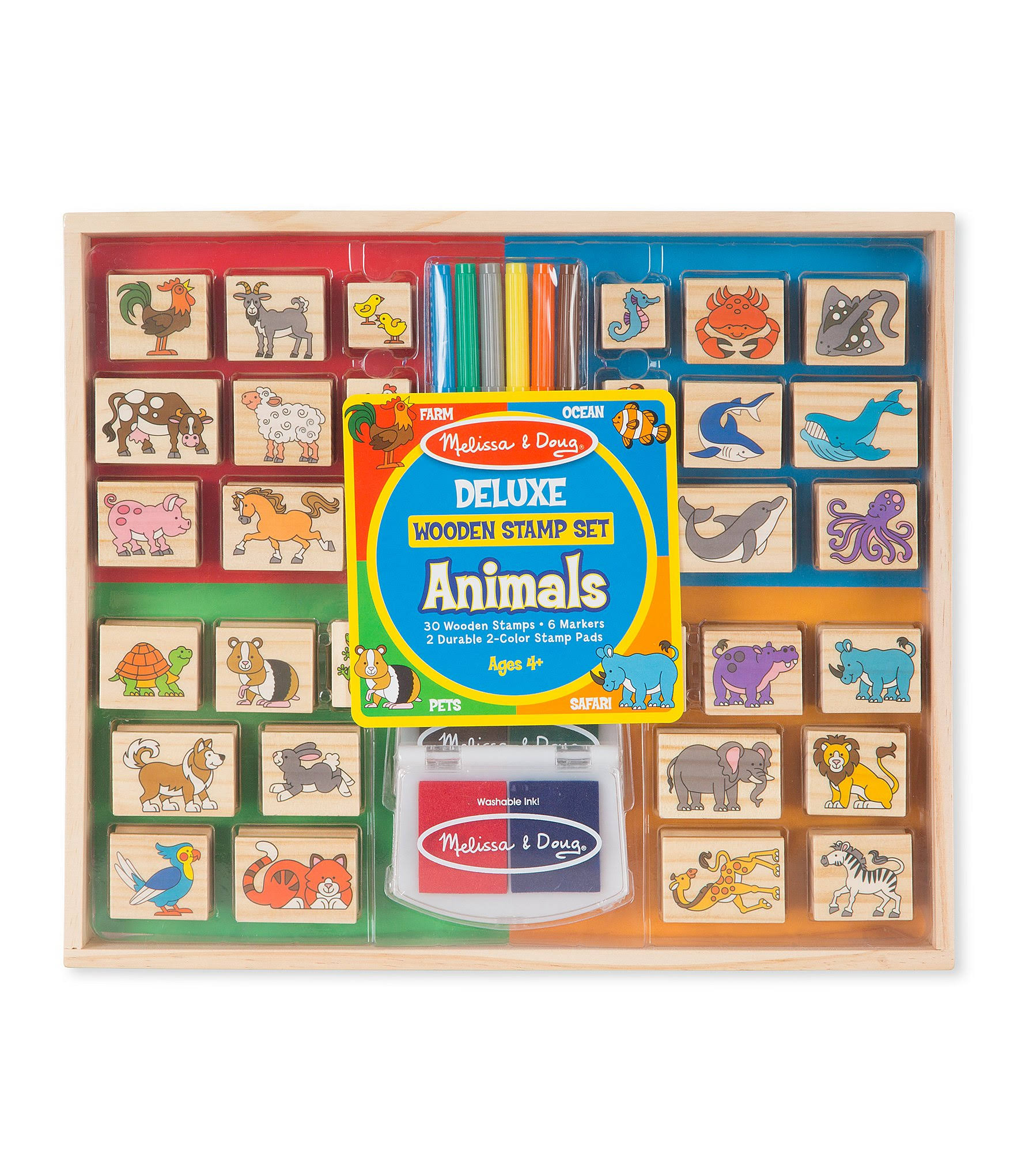 Melissa & Doug Deluxe Wooden Stamp Set: Animals - 30 Stamps, 6