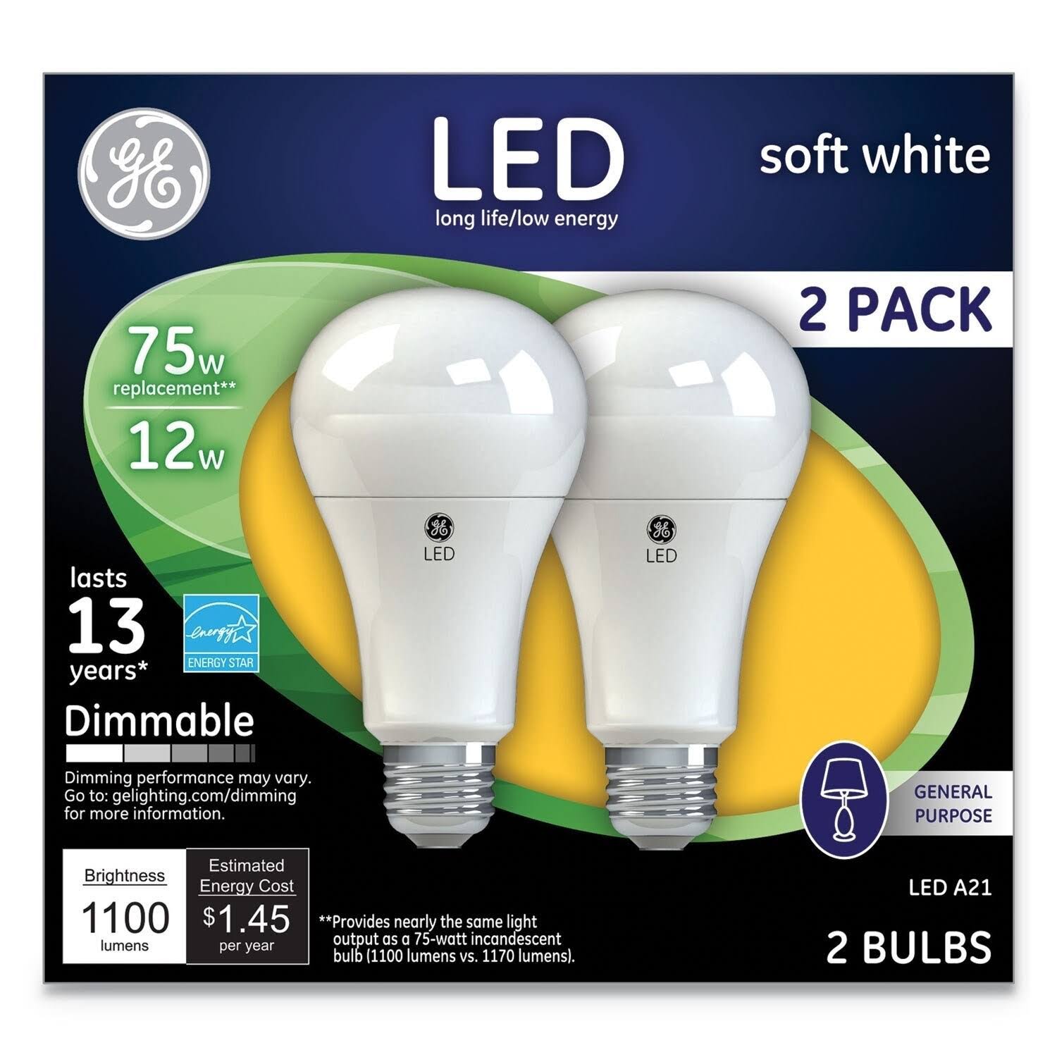 Ge Light Bulbs, LED, Soft White, 12 Watts, 2 Pack - 2 light bulbs
