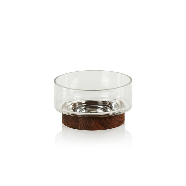 Zodax Loreto 2-Piece Set Glass Bowl on Walnut Wood Base - Brown