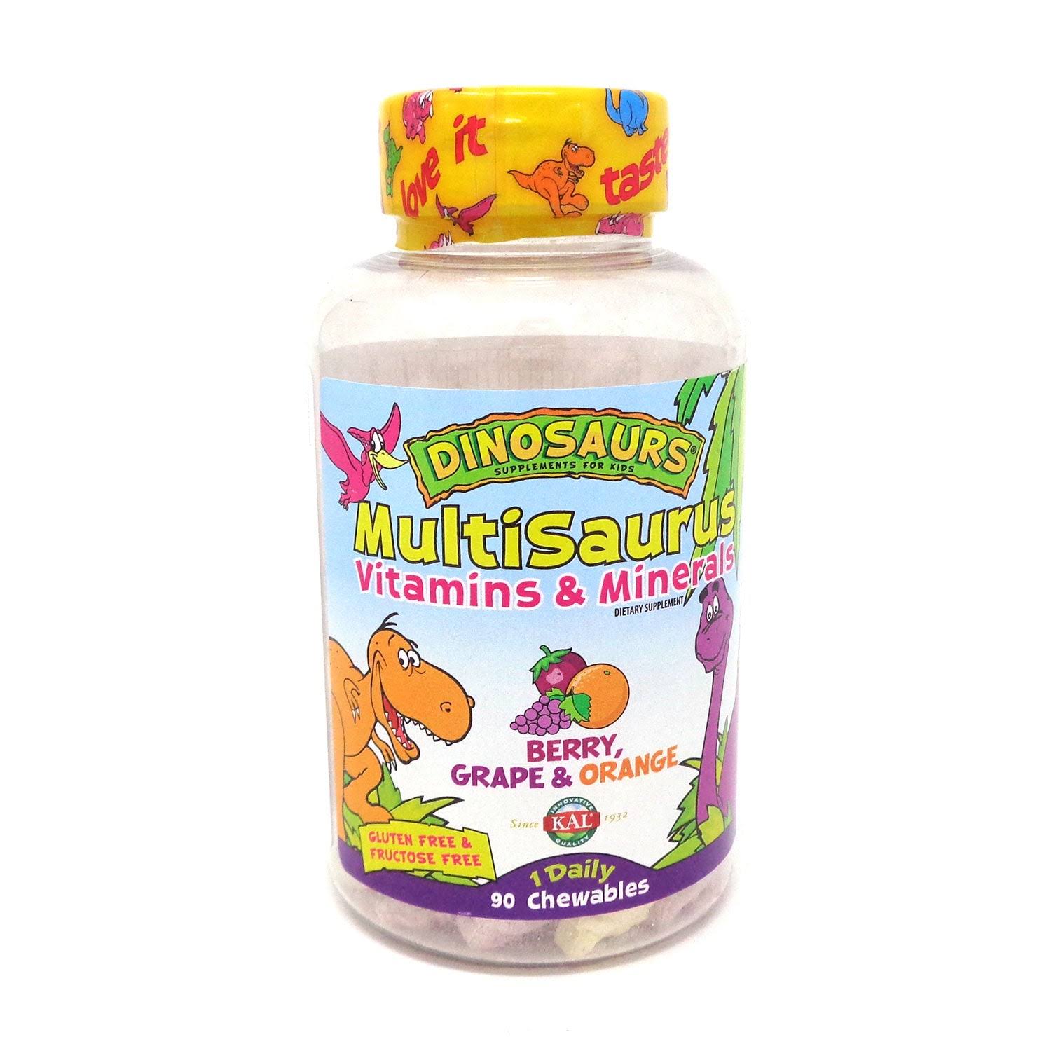 Kal Dinosaurs MultiSaurus Vitamins and Minerals for Kids - Berry, Grape and Orange, 90 Chewable Tablets