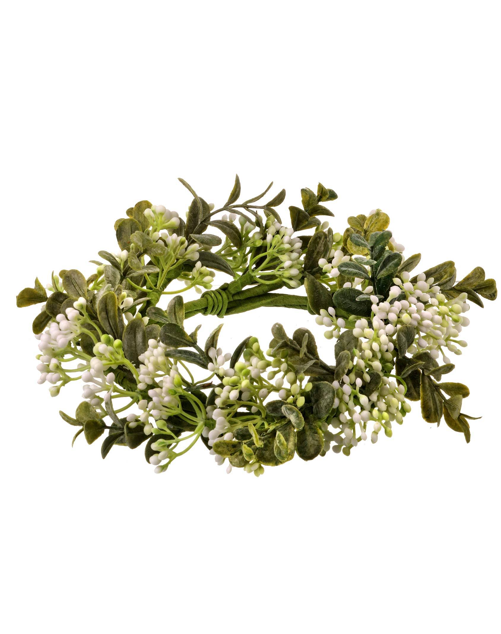 9 inch Spring and Summer Floral Pillar Candle Ring with Artificial Floral in White and Green, 9 Inches x 3 Inches