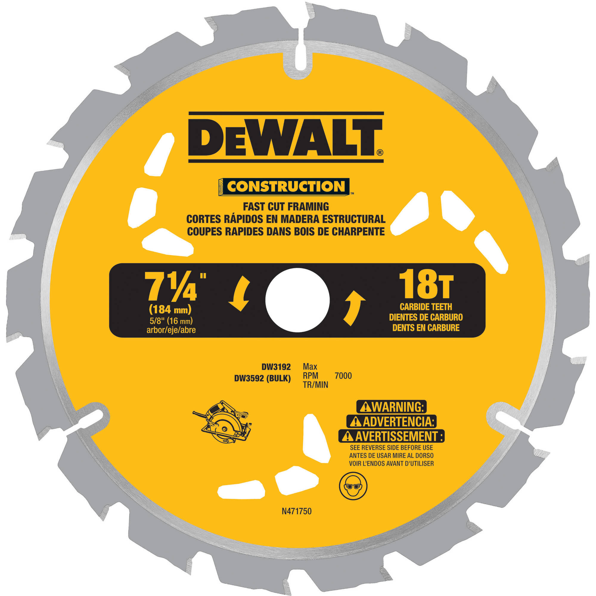 Dewalt Carbide Tip Circular Saw Blade - 7 1/4", 18T