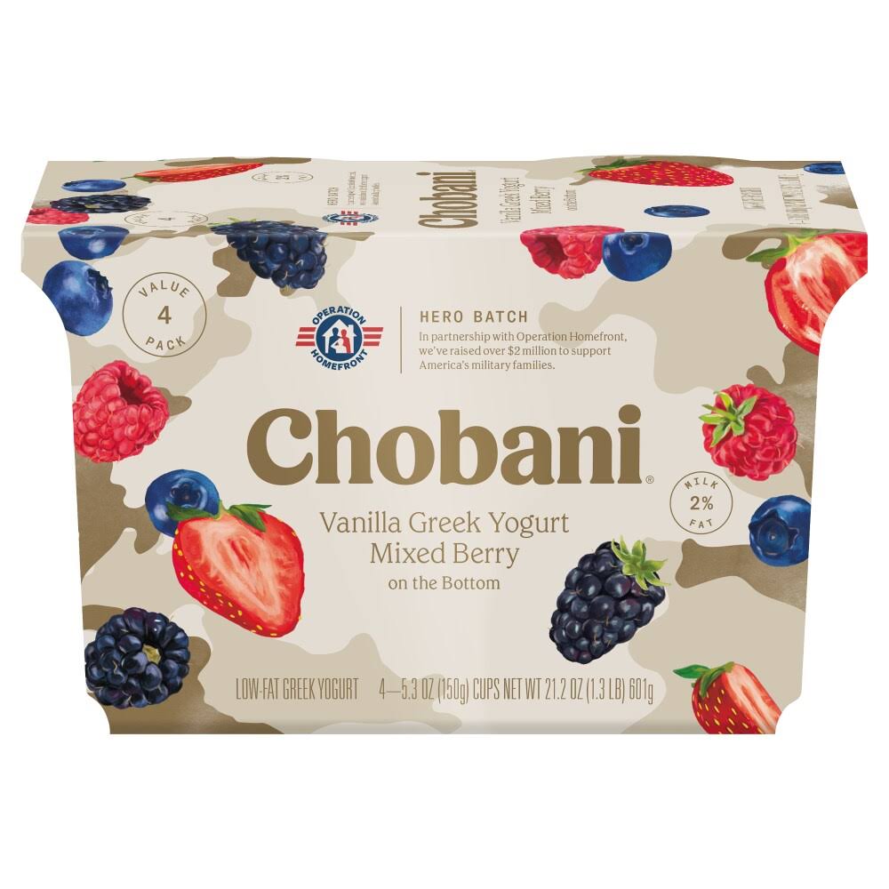 Chobani Yogurt, Greek, Low Fat, Vanilla Mixed Berry on the Bottom, Value Pack - 4 pack, 5.3 oz cups