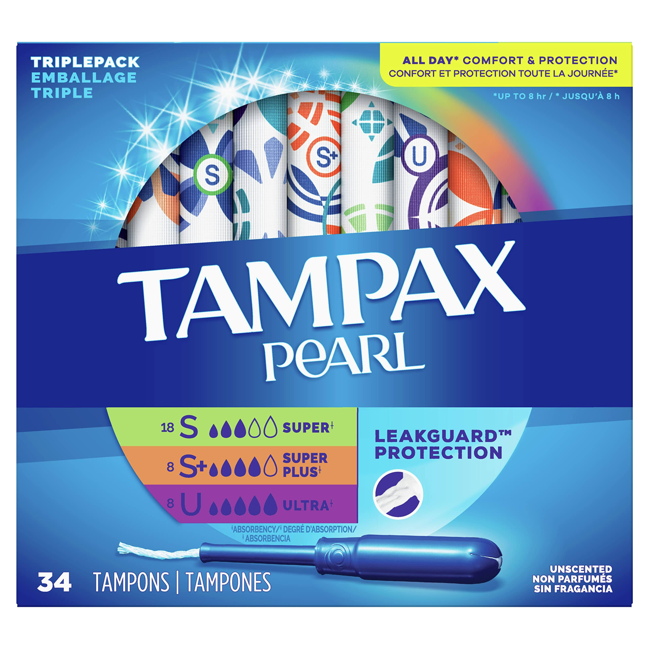 Tampax Pearl Tampons, Unscented, Triple Pack - 34 tampons