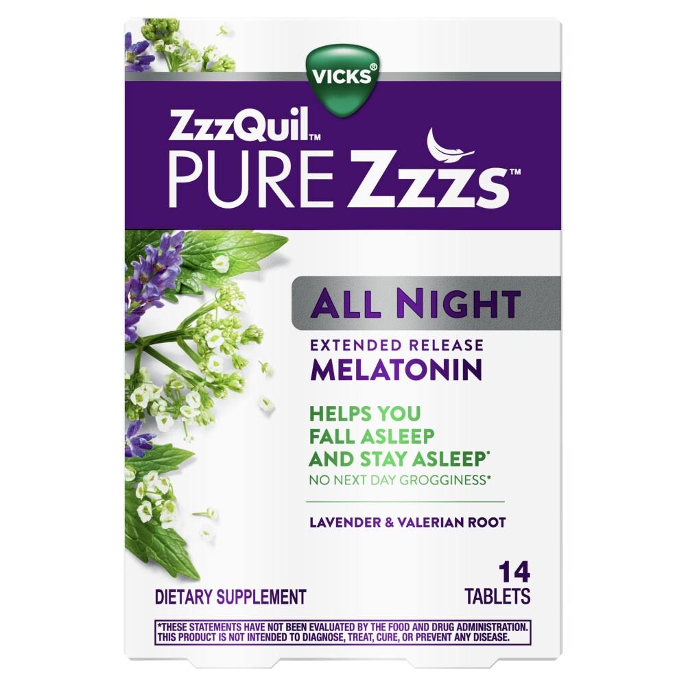 Vicks Zzzquil Melatonin, Extended Release, All Night, Tablets, Pure Zzzs - 14 tablets