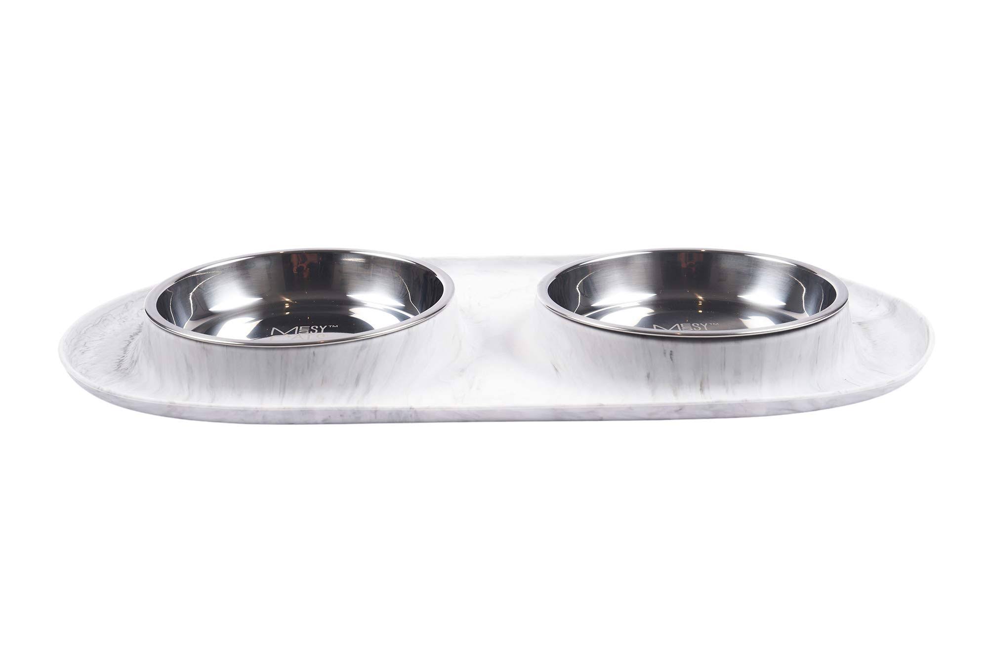 Messy Cats Stainless Steel Double Feeder with Non-Slip Base Cat Bowl, Marble, Medium