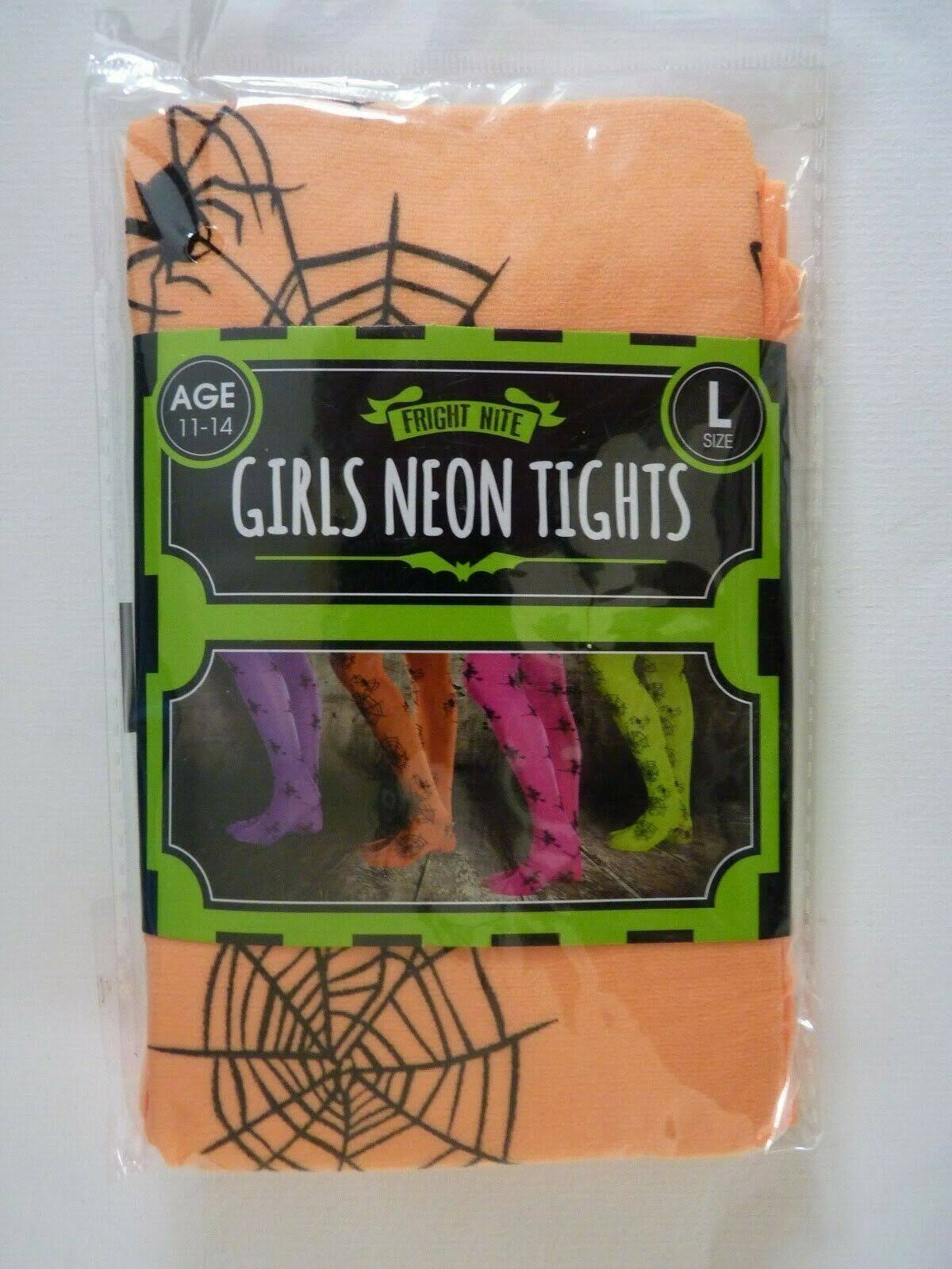 Girls Tights Neon Age 11-14 (L) Orange with Webs