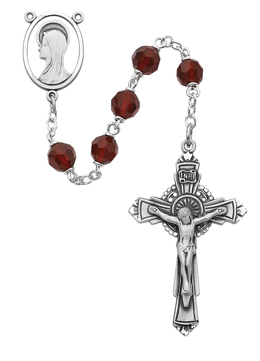 McVan R402DF 7 mm Tin Cut Crystal Croos Rosary Set - Dark Red