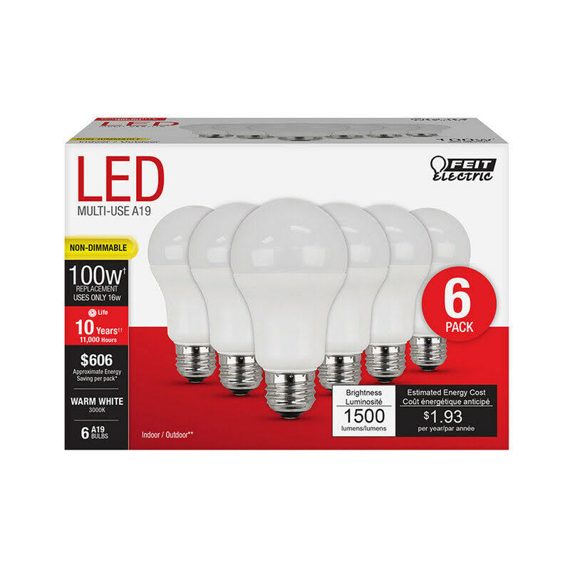 Feit Electric Acre A19 E26 (Medium) LED Bulb Warm White 100 Watt Equivalence 6 P