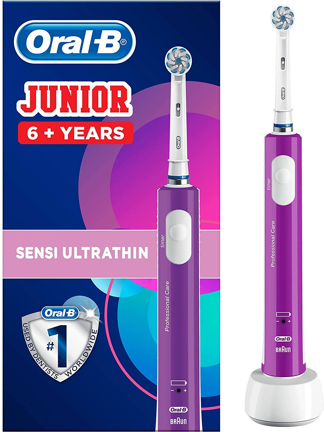Oral-B Junior Kids Electric Toothbrush Rechargeable for Children Aged 6 - 12, 1 Children’s Electric Toothbrush Rechargeable Handle and 1 Sensitive Too