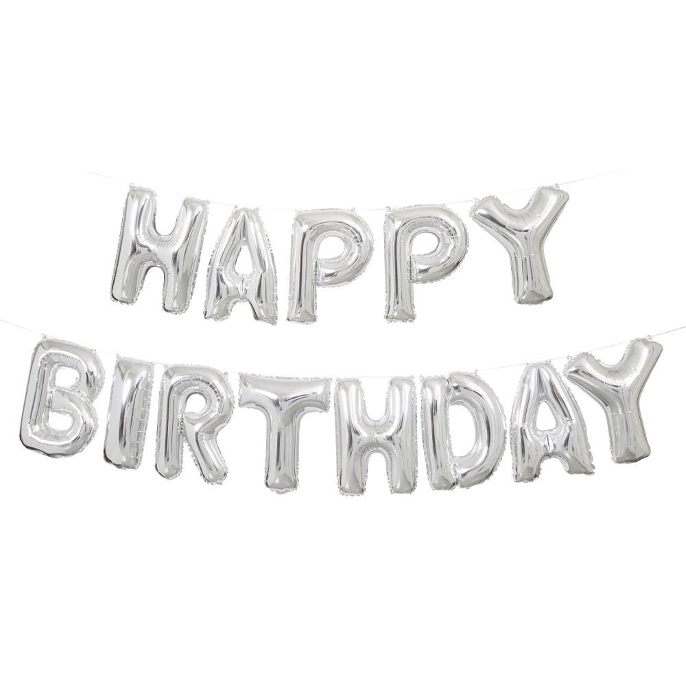 Unique Party Celebration Happy Birthday Balloon Banner Kit - Silver, 14"