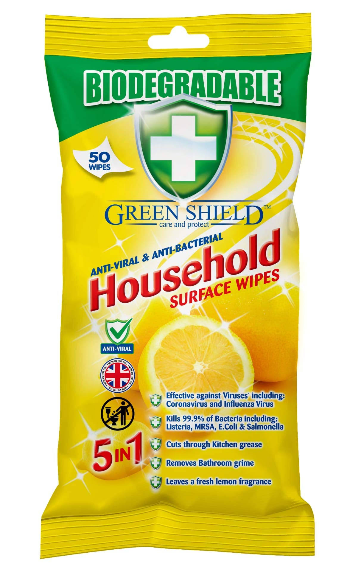 Greenshield Biodegradable Antiviral and Anti-Bacterial Surface Wipes for Home, 50 Wipes
