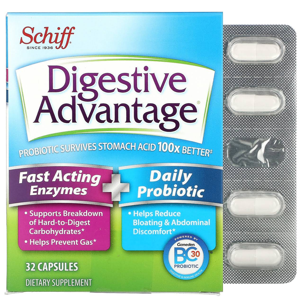 Schiff Digestive Advantage Fast Acting Enzymes Plus Daily Probiotic Dietary Supplement - 32ct